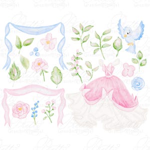 Aquarel prinses clipartkit, aquarel bloemen clipart, strikken lint, prinsesjurk clipart, grandmillennial, prinses clipart