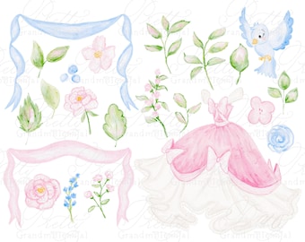 Watercolor Princess Clipart Kit, Watercolor flowers clipart, bows ribbon, princess dress clipart, grandmillennial, princess clipart