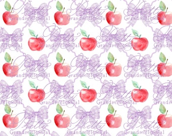 Grandmillennial Back to school pattern, gingham bows apple print, watercolor school pattern, red apple print, apples pattern, back to school