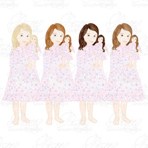 Grandmillennial Girl Holding Doll, girl clipart, grandmillennial, doll clipart, watercolor little girl clipart, sleepover clipart, party