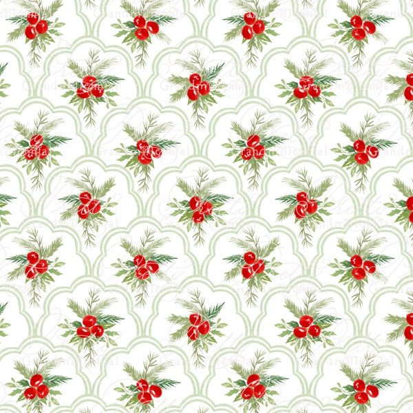 Scalloped Christmas Berries, Christmas pattern, Christmas berries, Holly Pattern, Christmas seamless pattern, Grandmillennial Christmas
