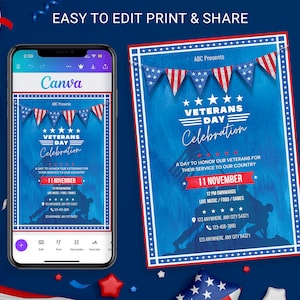 Editable Veterans Day Invitation Template, Customizable Canva Design, November 11th Celebration
