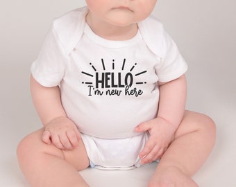 Cute Baby Unisex Vest | Hello I&#39;m New Here | Coming Home Outfit | Bodysuit | Matching Bib | Fun gift for a new baby or baby shower