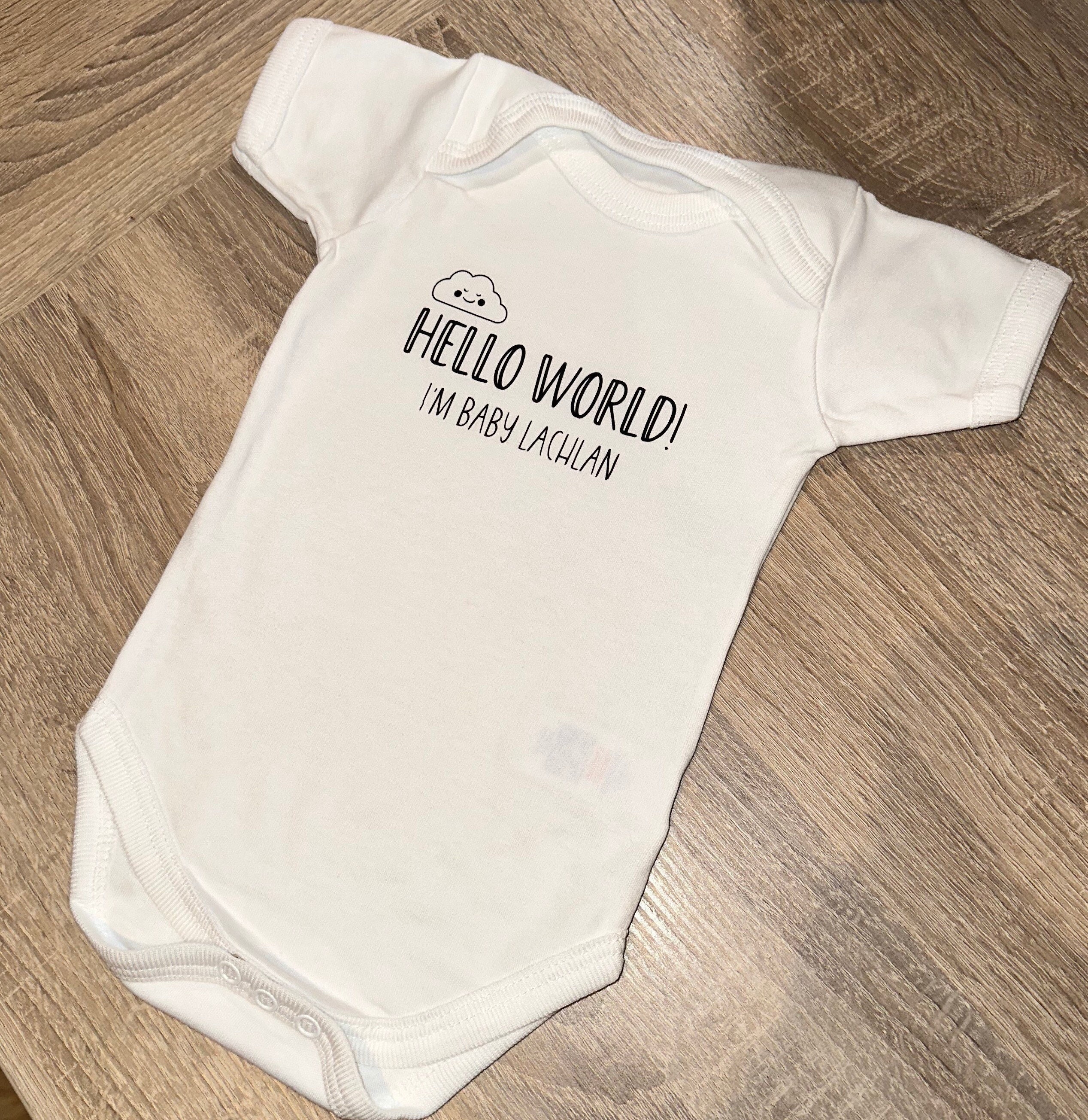 Personalised Hello World Baby Vest Bodysuit Handmade Coming