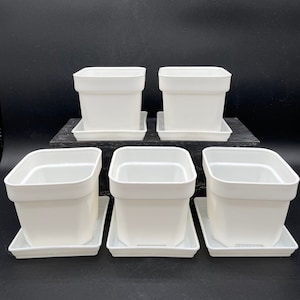 May include: Set of six white plastic square plant pots with drainage holes and matching saucers. The pots are arranged in two rows of three.