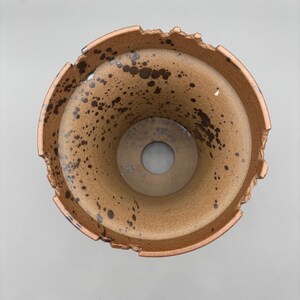 May include: A ceramic planter with a speckled, light brown interior and exterior. The rim has a rough, textured edge. Dark brown spots are scattered across the surface, adding a unique, rustic aesthetic. The planter has a circular hole at the bottom.