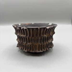 May include: A brown, textured ceramic planter with a unique, ridged design. The planter has a wide, open top and a dark, earthy color, suitable for various plants. The ridged pattern adds visual interest and a rustic aesthetic.