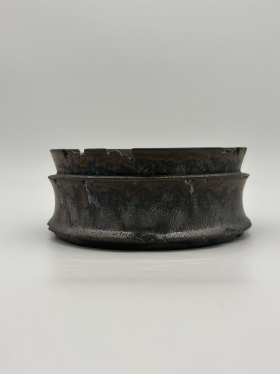 8 inch W* 3.5 inch H/ Iron Citadel Ceramic Planter/ Handmade Charcoal & Bronze Glaze Pot with Drainage/ Rustic Houseplant and Caudex Planter