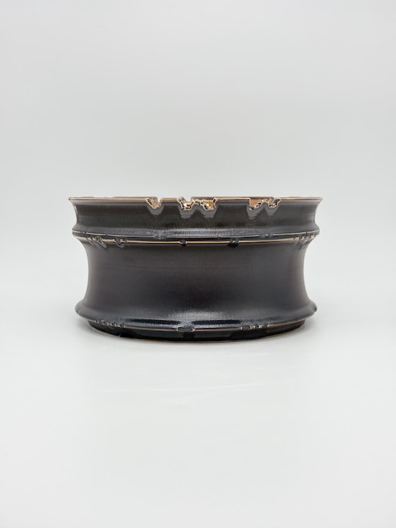 9.25 inch W* 4.5 inch H/Smoky Citadel Handmade Ceramic Planter | Charcoal & Mocha Bowl with Gold-Toned Accents | Succulent and Caudex Pot