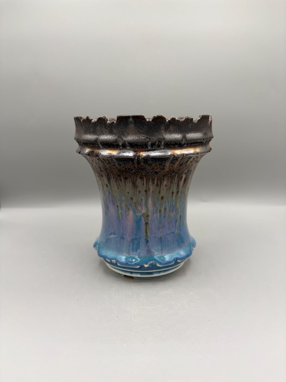 5.25 inch W* 5.75 inch H/ High Quality Handmade Ceramic Pottery/ Glossy Ocean blue Reactive Glaze/ Bronze Azure Planter/ Caudex Planter