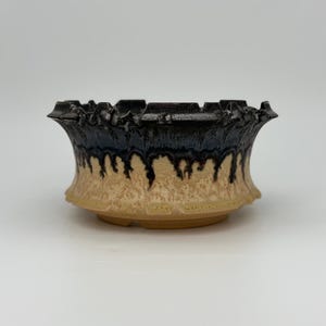 6.5 inch W* 3.5 inch H | Midnight Ember Handmade Ceramic Planter | Black and Amber Glaze Succulent Pot with Sculptural Rim and Drainage