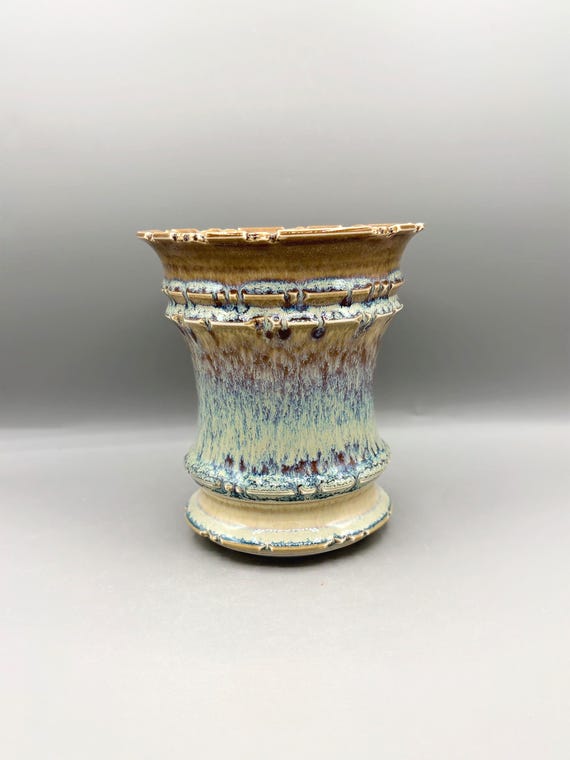 5.25 inch W* 6 inch H/ Handmade Ceramic Planter/ Mistfall Flare Pot/ Tall Sculptural Pot/Amber & Aqua Reactive Glaze/ Premium Houseplant Pot