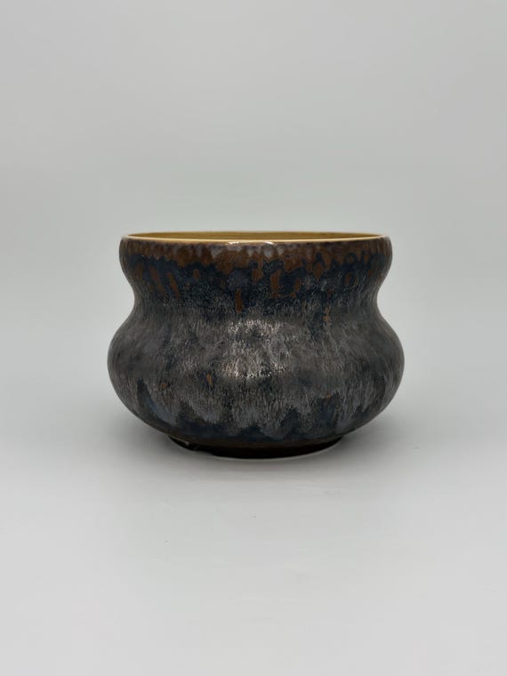 8 inch W* 6.5 inch H | Silver Ember Ceramic Planter | Rounded Sculptural Pot with Flowing Silver-Gray and Warm Brown Glaze | Succulent Pot
