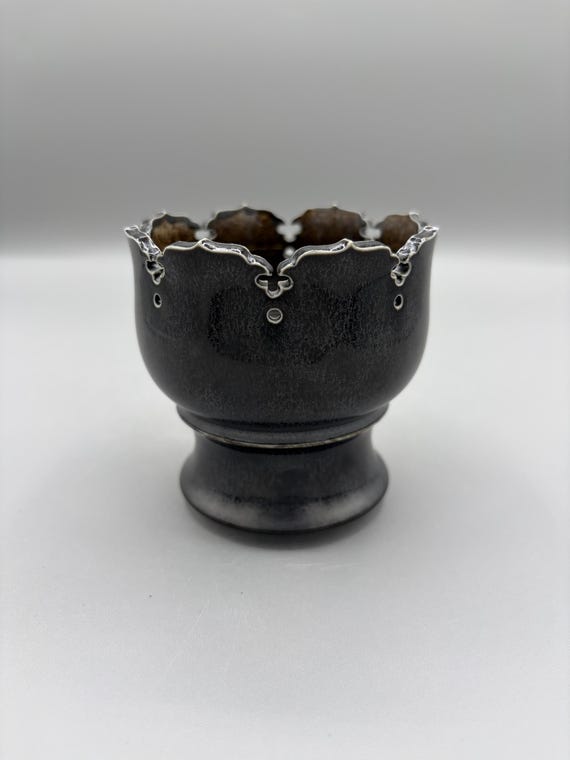 3.25 inch W* 3.5 inch H/ Silver Lunar Crown Planter/ Handmade Ceramic Houseplant Pot/ Premium Black Silver Planter/ Sculptural Caudex Pot
