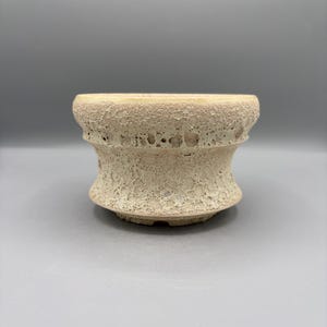 May include: A small, round ceramic planter with a flared rim and a tapered base. The exterior features a thick, porous, off-white textured glaze with a honeycomb-like pattern, while the interior rim shows a smooth, pale yellow glazed finish.