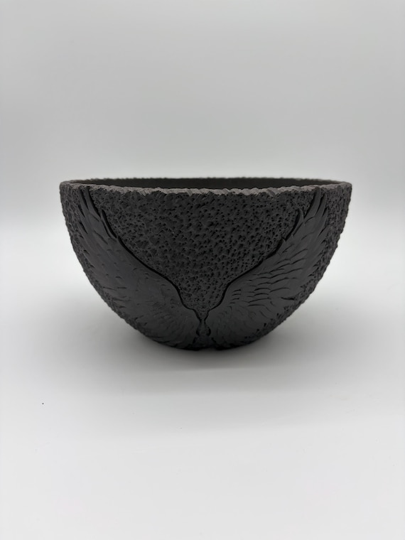 9.5 inch W* 5.25 inch H/ Angel Wings Ceramic Planter/ Handmade Textured Pot with Drainage/ Gothic Houseplant Planter/ Black Wings