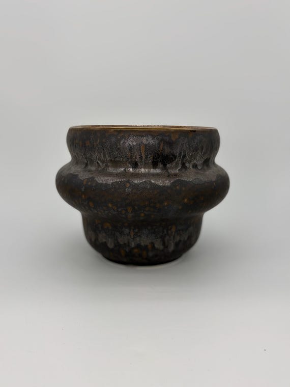 8 inch W* 7.5 inch H | Ashen Halo Ceramic Planter | Sculptural Charcoal Pot with Silvery Gray and Bronze-Toned Glaze