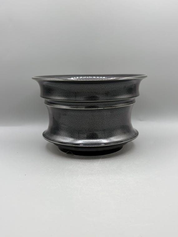 7 inch W* 4.5 inch H| Obsidian Chalice Ceramic Planter | Handmade Black & Silver Gray Glazed Pot with Drainage | Sculptural Houseplant Pot