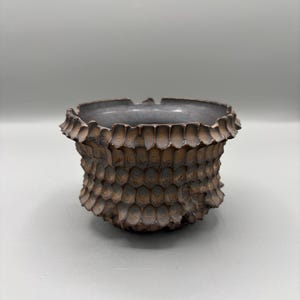 May include: A handcrafted, brown ceramic ashtray with a textured, scale-like exterior. The rim has a jagged edge, and the interior is a dark gray color. The ashtray is designed with a small notch for resting cigarettes.
