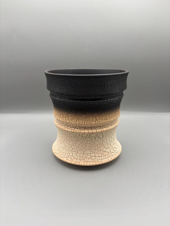 Handmade Ceramic Succulent Pot, Black & Cream Crackle Glaze, 5 inch