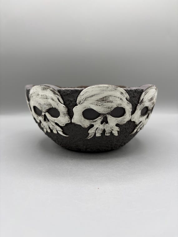 6.75 inch W* 3.25 inch H | Boneguard Skull Planter | Handmade Black | White Ceramic Bowl | Gothic Succulent, Cactus & Caudex Pot
