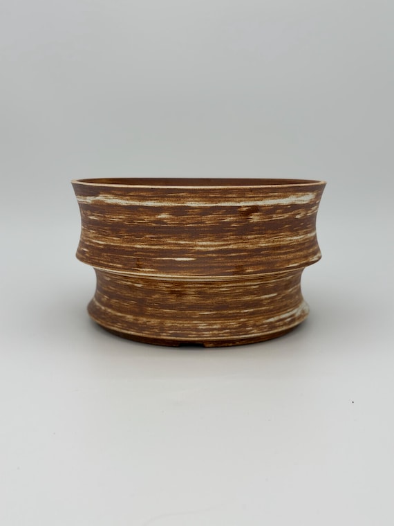 9.25 inch W* 5 inch H | Canyon Grain Large Handmade Ceramic Planter | Brown & Cream Woodgrain-Inspired Pot | Sculptural Houseplant Planter