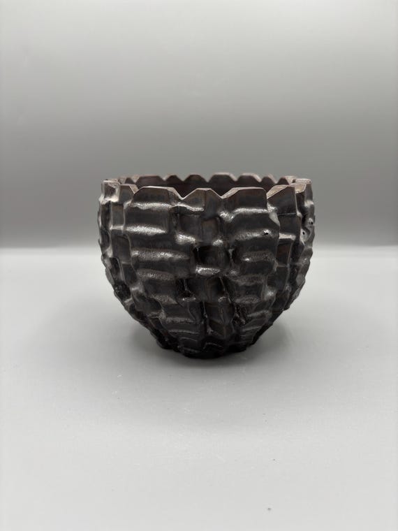 Handmade Black Ceramic Succulent Pot, Textured Caudex Planter (5x4.25 inch)