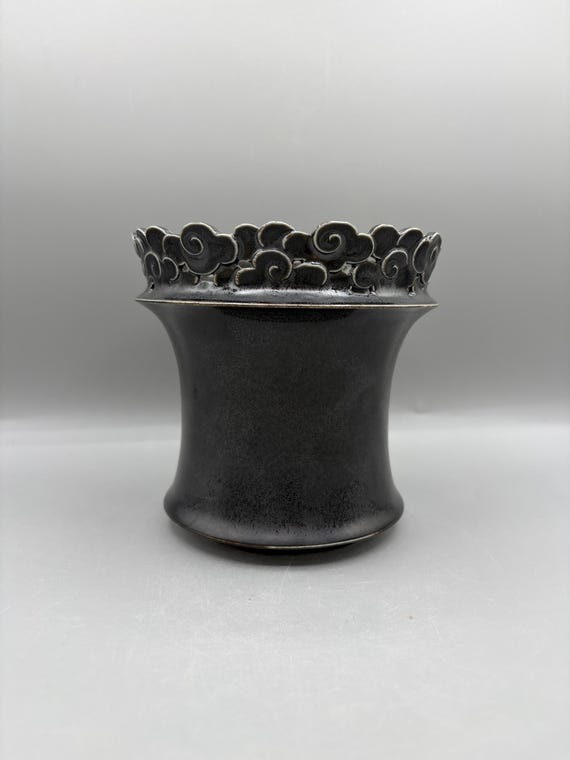 4.5 inch W* 4.5 inch H| Midnight Cloud Handmade Ceramic Planter | Black | Silver-Toned Glaze | Ornate Cloud Rim Houseplant & Caudex Pot