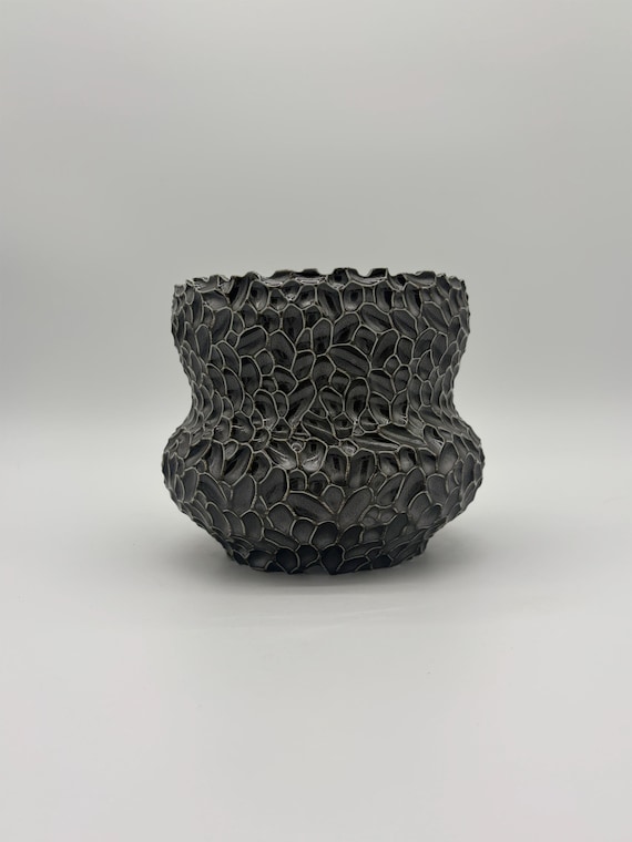 7 inch W* 6.75 inch H/ High Quality Handmade Ceramic pottery/ Black Pebble Planter/Obsidian Mosaic Planter/Lunar Stone Planter/Raven Stone