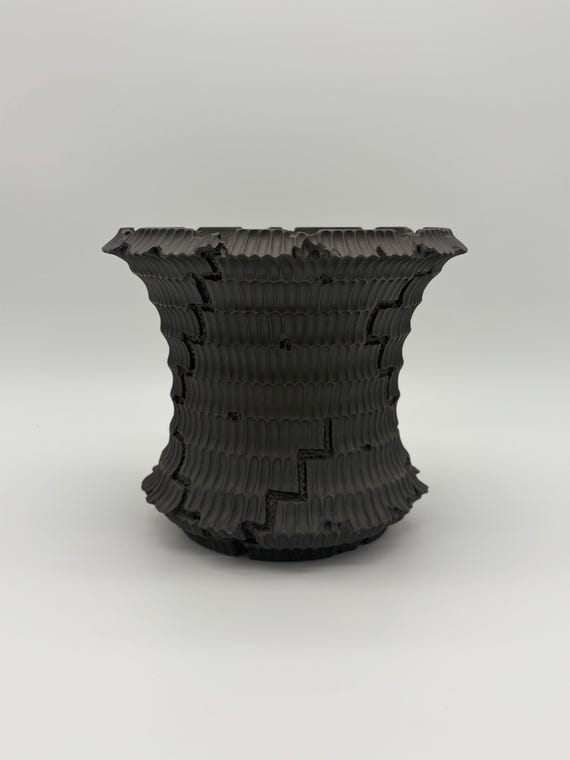 9 inch W* 8 inch H/ Obsidian Echo Ceramic Planter/ Handmade Black Carved Pot with Drainage/ Sculptural Houseplant & Caudex Planter