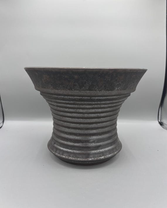 Handmade Ceramic Succulent Pot: Ribbed Black Planter (9x7 inch)