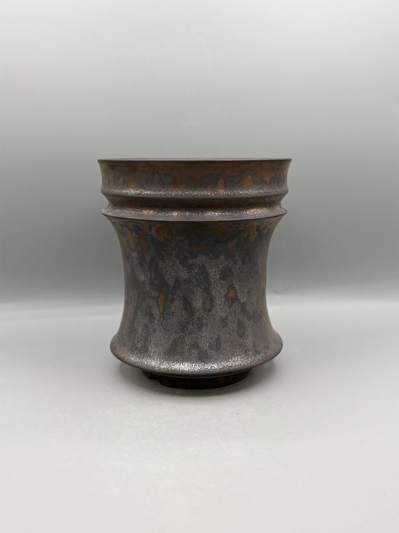 5 inch W* 5.75 inch H | Bronze Sentinel Handmade Ceramic Planter | Tall Charcoal & Bronze-Toned Houseplant Pot | Sculptural Caudex Planter