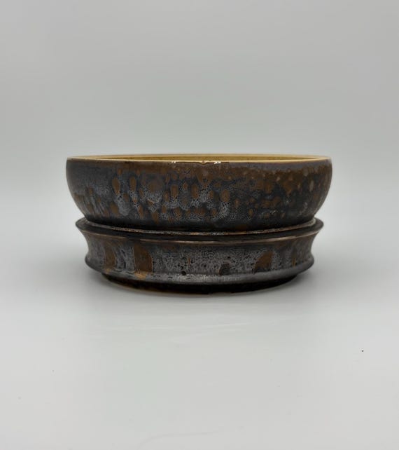 9.75 inch W* 4.25 inch H | Bronze Tide Large Handmade Ceramic Planter | Charcoal & Bronze Glazed Bowl | Statement Houseplant and Caudex Pot
