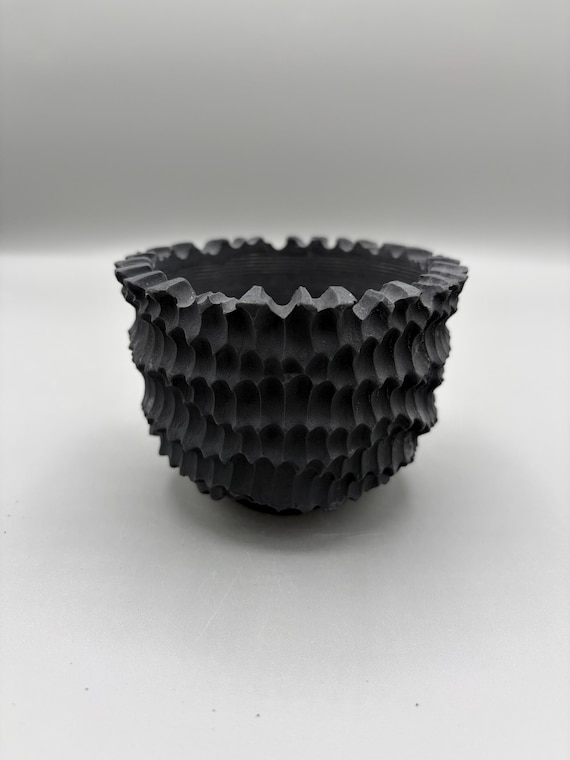 3.5 inch W* 3 inch H/ Obsidian Coral Carved Planter/ Handmade Matte Black Ceramic Pot/ Textured Caudex Planter/ Premium Cactus Pottery