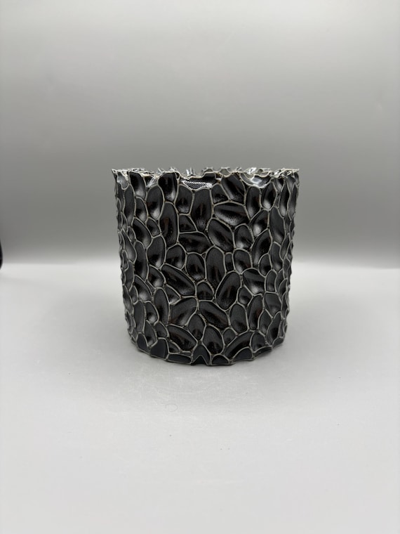5 inch W* 5 inch H/ High Quality Handmade Ceramic pottery/ Black Pebble Planter/ Obsidian Mosaic Planter/ Lunar Stone Planter/ Raven Stone