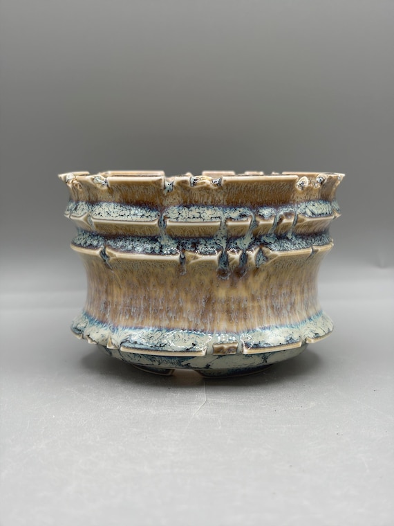 4 inch W* 2.75 inch H | Amber Citadel Ceramic Planter | Handmade Sculptural Bowl with Amber & Aqua Glaze | Succulent, Cactus and Caudex Pot