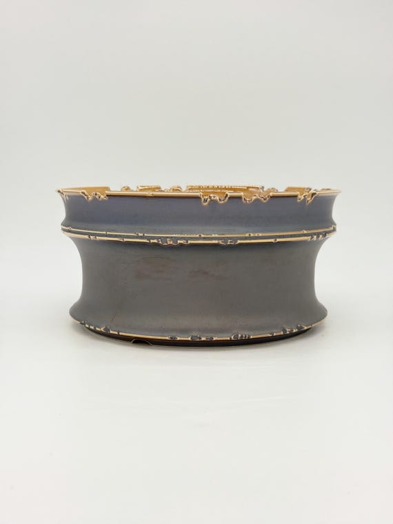 9.5 inch W* 4.5 inch H | Silver Mist Citadel Handmade Ceramic Planter | Smoky Gray Bowl with Gold-Toned Accents | Succulent & Caudex Pot