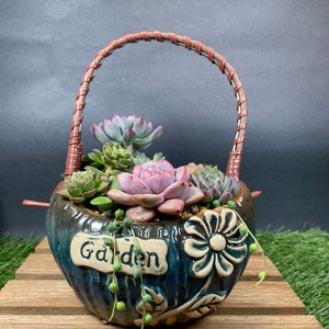 Hanging Planter-Cute ceramic succulent pottery with removable handle／Succulent Pot/Clay Pot/Ceramic Pot/Planter/