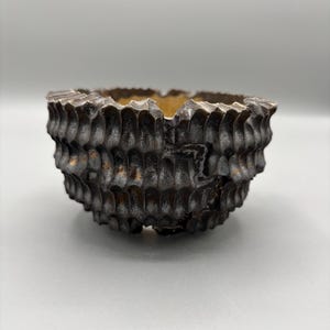 May include: A small, round ceramic bowl with a dark, metallic-toned exterior featuring a deeply textured, repeating vertical scalloped pattern. The interior of the bowl is a contrasting light tan color, and the rim has an uneven, jagged edge.