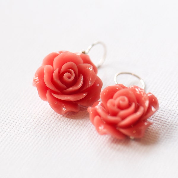 Coral Bakelite Sterling Silver Earrings, Vintage style Drop Earrings, Coral Colour Rose Earrings, Carved Rose Earrings Silver, Summer Drops