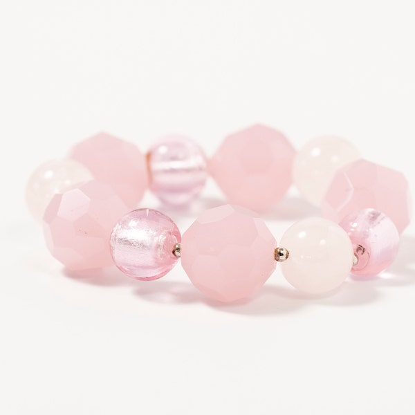 Rose Quartz & Pink Glass Chunky Summer Bangle, Elasticated Bracelet Pink, Statement Pastel Bangle, Stretch Bangle Gemstone And Faceted Beads