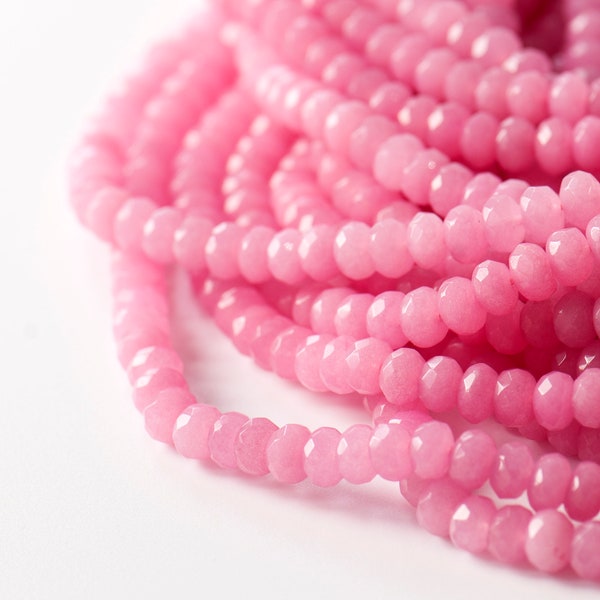 Pink Jade Bead String, Faceted Rondelle Dyed Pink Jade, Candy Pink Cut Jade String, Faceted Light Pink Jade Bead String, Soft Pink Jade Bead