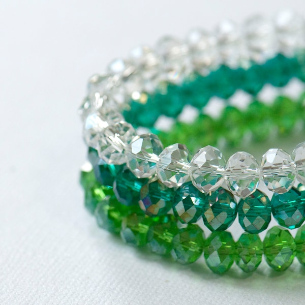 Green Crystal Stretch Bracelets, Faceted Green Rondelle Bead Crystal Bracelets, Stackable Green Bangles, Elasticated Sparkly Green Bracelets