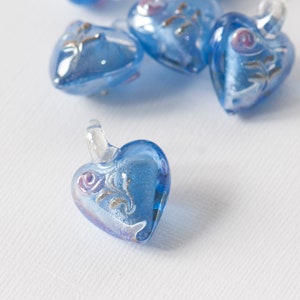 Blue Small Glass Hearts, Flower Heart Glass Pendant, 20mm Heart Pendant, Lampwork Sky Blue Glass Heart Bead, Necklace Making, Jewellery make