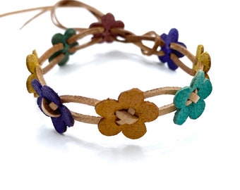 Colourful Leather Flower Choker Bracelet, Anklet, Adjustable Assorted Flowers Leather Cuff, Leather Anklet, Hand made Flower Choker, Holiday