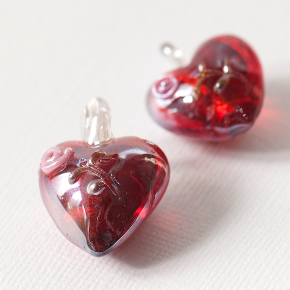 Red Small Glass Heart Beads Flower Heart Glass Pendant Etsy