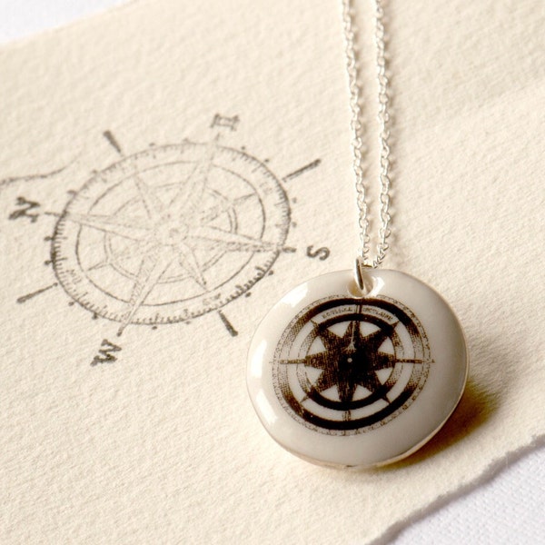 Compass Porcelain Pendant, Monochrome Compass Round Pendant, Porcelain Jewellery, Necklace Making, Gap Year Gift, Traveller Gift, Compass