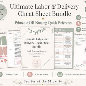 May include: A digital bundle of printable labor and delivery cheat sheets for nurses and midwives. The pages feature text including Ultimate Labor & Delivery Cheat Sheet Bundle, Fetal Heart Rate, and Common OB Meds, measuring 8.5 x 11 inches.