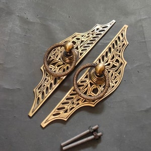 12.2&quot; Pair of Ethnic Balinese Vintage Solid Brass Door Handle Pull, Antique Entry Door Handle Cabinet Cupboard Grab Pull 31 cm Express Ship