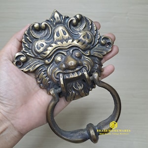 6.4&quot; Vintage Solid Brass Door Knocker Bali Barong Decorative Door Bell Gate Front Door Pull Handle Banger Grab Ethnic Statue